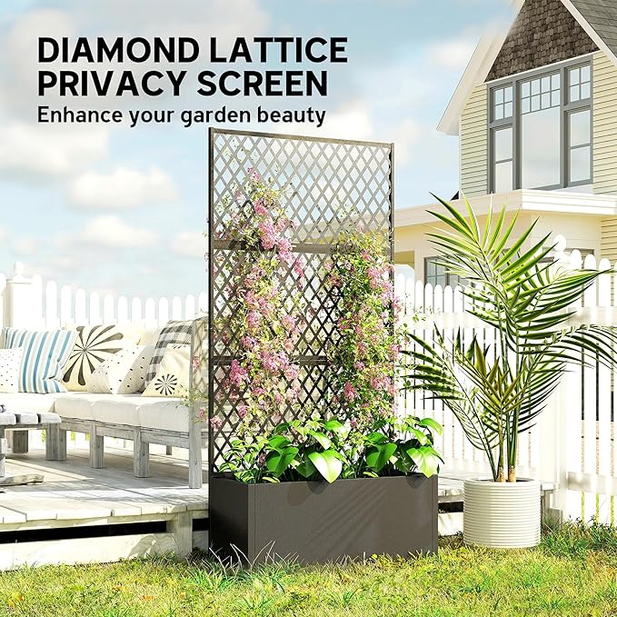 Outsunny Metal Planter Box with Trellis Raised Garden Bed with Trellis Privacy Screen and Drainage Holes for Climbing Plants Diamond Lattice Privacy Planter for Garden Patio Balcony