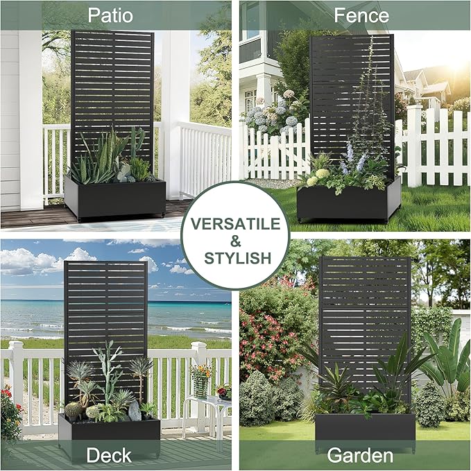 Metal Trellis Planter Box with Wheels Standing Privacy Planters for Patio Garden Boxes with Trellis for Climbing Plants (35 L×24 W×71 H Black)