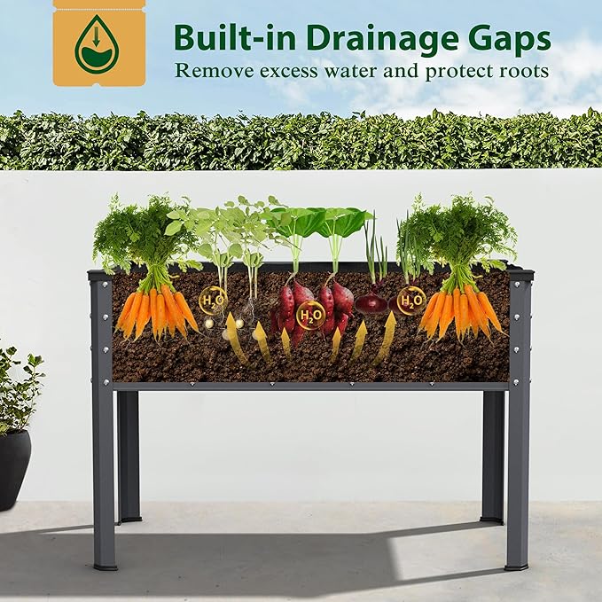 MUPATER Galvanized Steel Raised Garden Bed with Legs 48 L x 24 W x 32 H Large Metal Elevated Raised Planter Box with Detachable Black Liner for Backyard Garden Balcony Gray