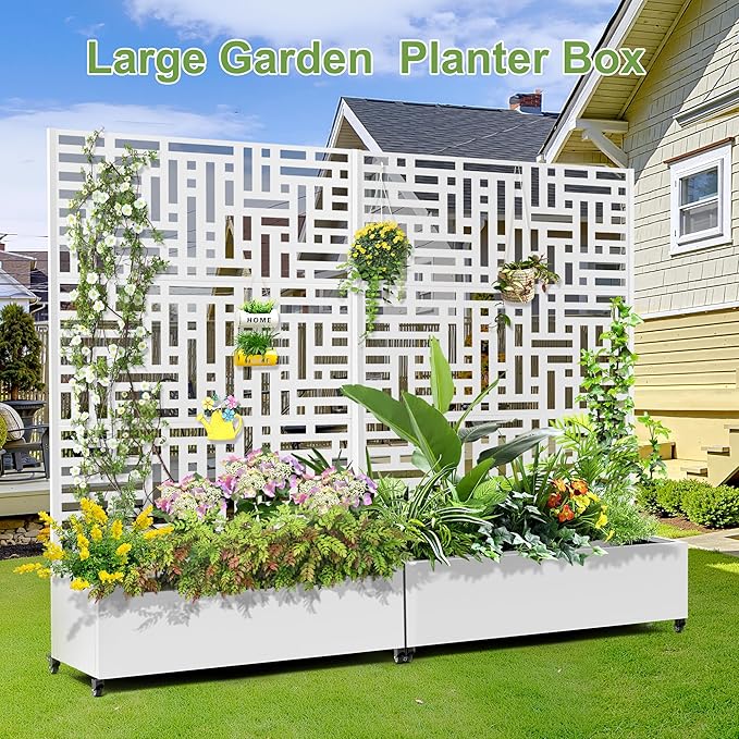 Raised Garden Bed with Trellis and Wheels73x47x16 Metal Raised Garden BedWhite Modern Metal Planter with Climbing Trellis for Vines &amp Vegetables