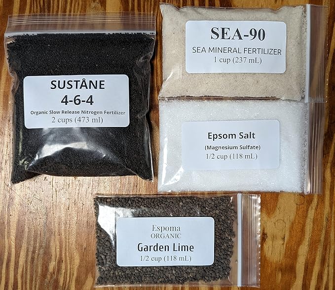 Gardening with Leon Organic Fertilizer Kit - Sustane 4-6-4 Organic Slow-Release Fertilizer Sea Mineral Fertilizer Epsom Salt &amp Gardening Lime - 1.8 lb (4 Cups) kit
