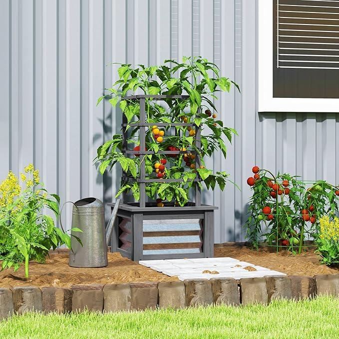 Outsunny Raised Garden Bed with Trellis Wooden Planter Box with Galvanized Steel Sides Raised Flower Bed for Climbing Plants Flowers Fruits and Vegetables Gray