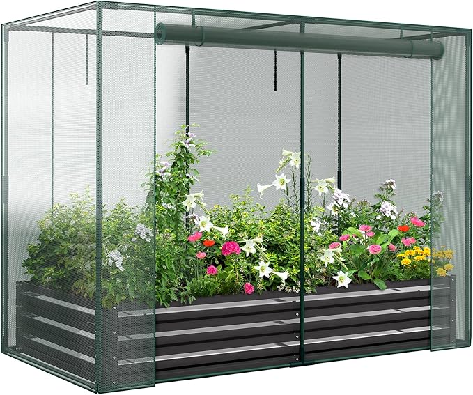 Galvanized Raised Garden Bed with Crop Cage Plant Protection Net Tent Kit for Garden Plant 82.7x43.3x 59 Plants Protection Tent Cage Metal Planter Box Bottomless Planting Vegetables Outdoor