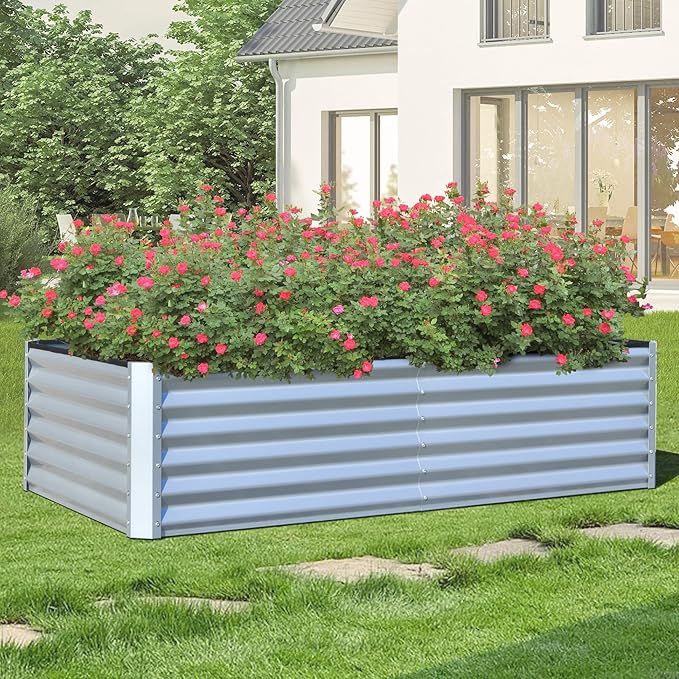 Domi Raised Garden Beds Outdoor 6x3x1.5Ft Thickening Tall Metal Rectangular Deep Root Box Planter for Vegetables Flowers Herbs and Succulents 1.5 Deep w/ 192 Gallon Capacity - Silvery