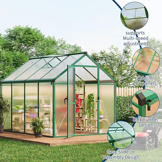 6X8 FT Outdoor Polycarbonate Greenhouse Sturdy Aluminum Frame Adjustable Roof Vent Ideal for Backyard Patio or Garden All-Weather Green House for Growing Plants and Vegetables
