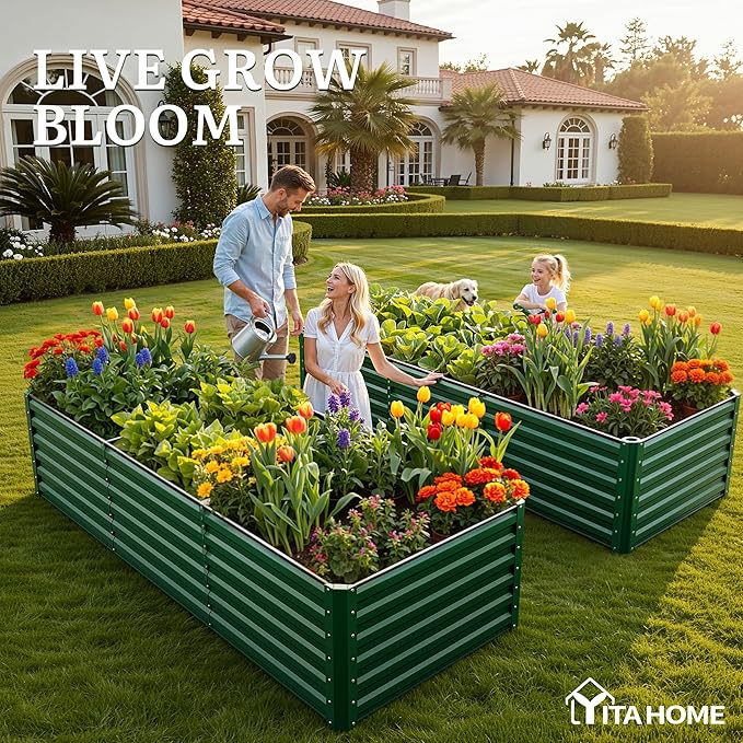 YITAHOME 6pcs 8x4x2 ft Galvanized Raised Garden Bed Kit Large Metal Planter Box with Gloves Safety Rubber &amp Support Rod Outdoor Flower Bed for Plants Vegetables Green