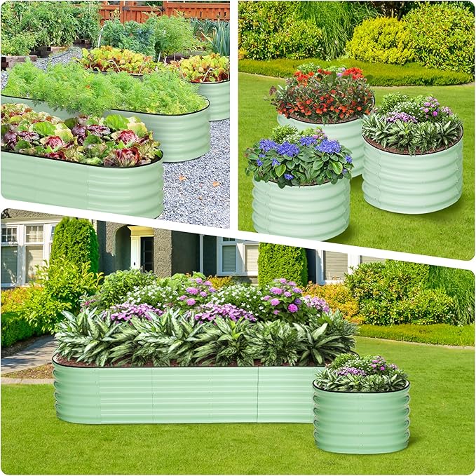 8x2x1.5ft Oval+2x2x1.5ft Round Galvanized Raised Garden BedPlanter Raised Garden Box OutdoorRaised Planter BoxLarge Planter Raised Bed for Vegetables Flowers FruitsRubber Edge Green