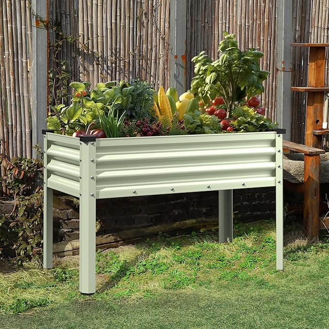 Galvanized Raised Garden Bed with Legs 48 W x 24 D x 32 H Large Metal Elevated Raised Planter Box with Drainage Gaps for Backyard Patio Balcony 507lbs Capacity Beige