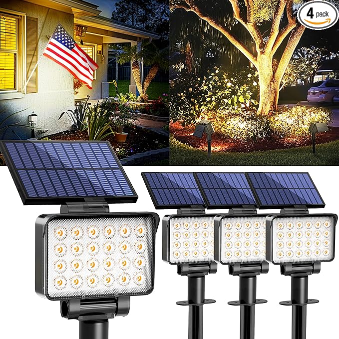 Solar Spot Lights Outdoor Waterproof for Flag Tree House Garden Yard 3 Brightness Modes Solar Powered Landscape Spotlights 4 Pack Warm White