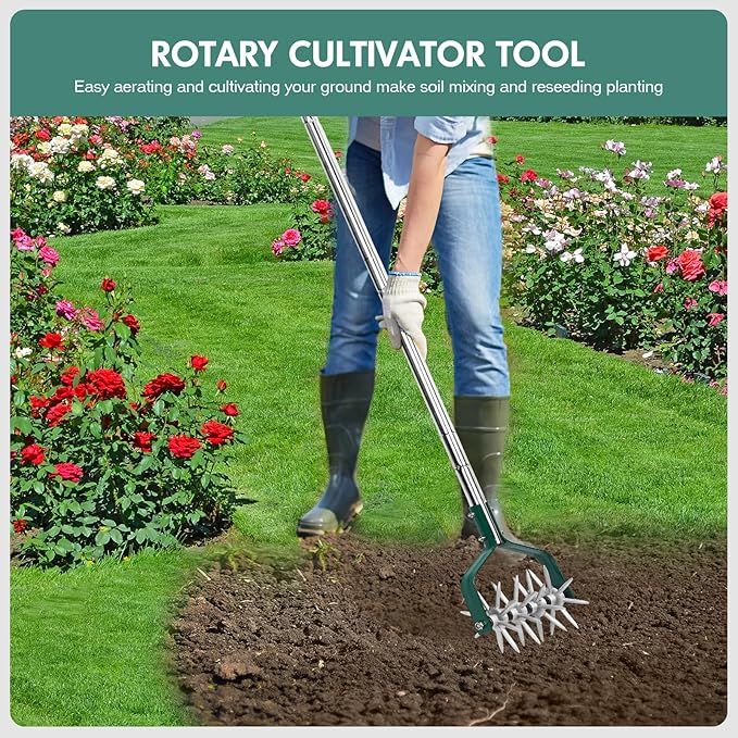 Garden Cultivator Adjustable Stainless Steel Handle fine Rotary Cultivator Tiller for Small Scale Gardens Soil Loosening Lawn Aeration Fertilizer Mixing &amp Planting Preparation