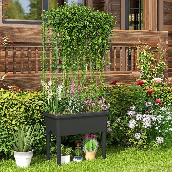 Happygrill Raised Garden Bed with Trellis 4 in 1 Self-Watering Planter w/Water Level Observer Drainage Holes Climbing Net &amp Detachable Legs Garden Cucumber Planter for Vegetables Flowers