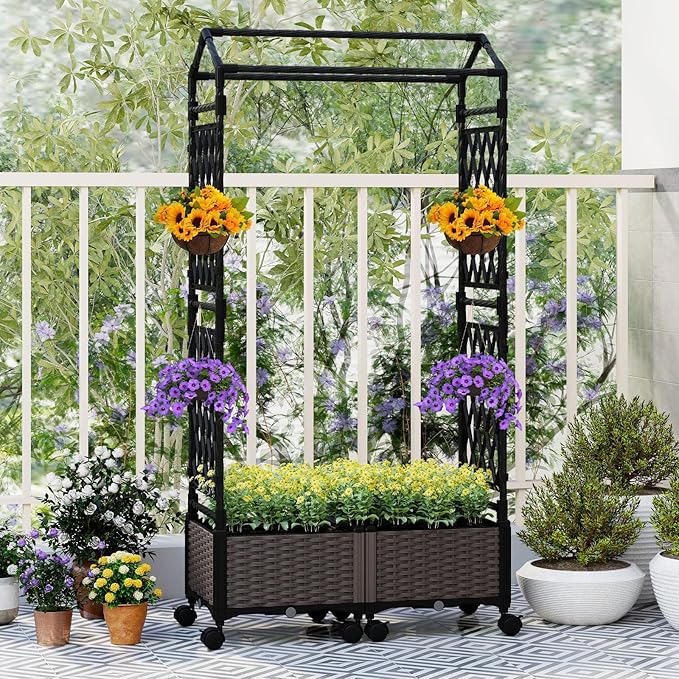 Giantex Planter Boxes with Arch Trellis 5FT Self-Watering Tall Raised Garden Bed w/Wheels Hanging Roof &amp Drainage Holes Outdoor Indoor Tomato Planter for Climbing Vines Vegetables (61x16x58)