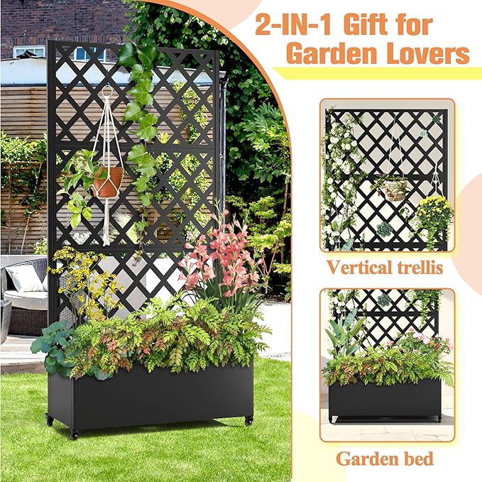 Metal Raised Garden Bed with Diamond Lattice Trellis Outdoor Planter Box for Climbing Plants Vegetables Vines Galvanized Garden Box with Drainage Holes and Wheels Black (35.4L x 16.7W x 73.2H)