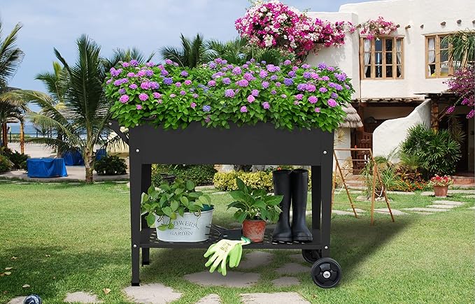 Raised Planter Box Outdoor with Legs Elevated Raised Garden Bed with Wheels Flower Boxes Outdoor Standing Planter for Vegetables Flowers Herbs PlantingBlack