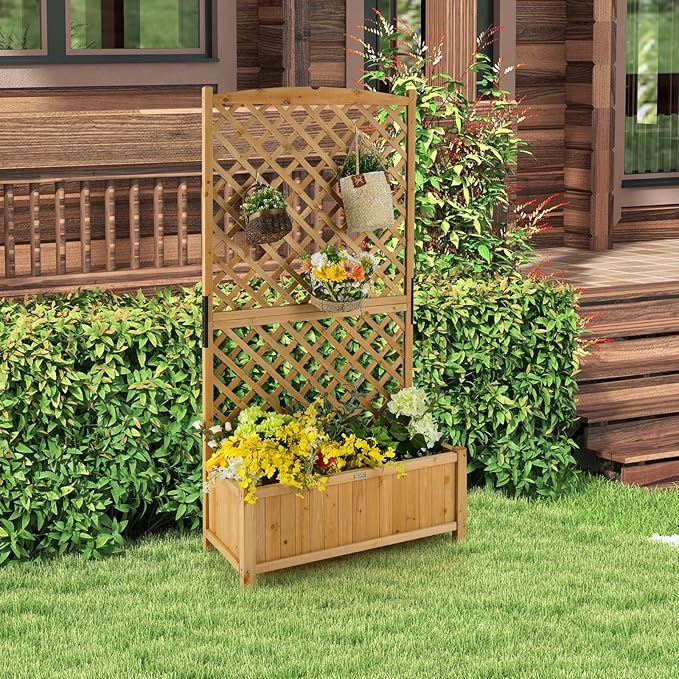 Wooden Planter Box with Trellis 71” Freestanding Garden Planter w/Lattice Panel &amp Drainage Holes Indoor &amp Outdoor Raised Garden Bed with Trellis for Vine Climbing Plants (1)