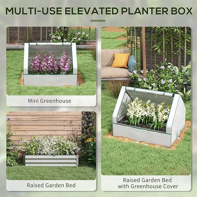 Outsunny 4 x 3 x 1ft Raised Garden Bed with Mini Greenhouse Galvanized Outdoor Planter Box with Cover for Herbs and Vegetables Use for Patio Garden Balcony White Cover and Silver Planter
