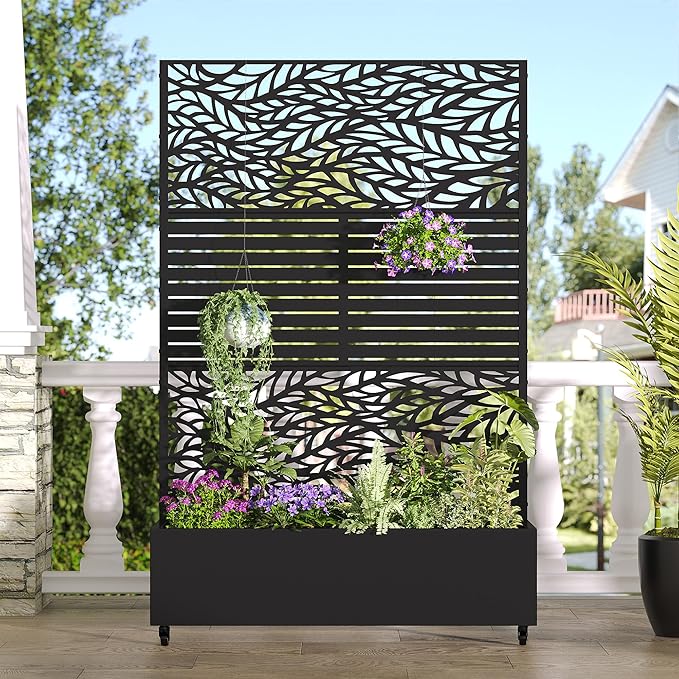 Casaphoria Metal Raised Garden Bed with Trellis and Wheels 72x47x16 Planter Box for Climbing Plants Vegetables &amp Vines Features Drainage Holes and Privacy Screen Black(Spring&ampLouvered)