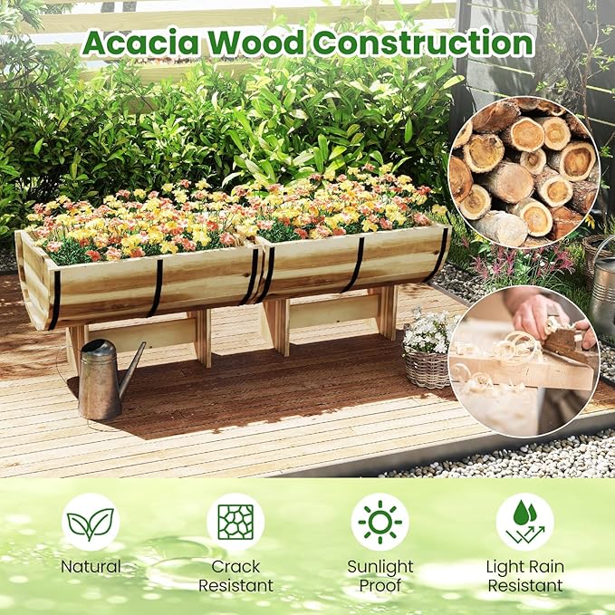 Giantex Set of 2 Half Barrel Raised Garden Bed Acacia Wood Planter Box for Flower Vegetable Fruit Outdoor Indoor Plant Pot with Legs for Garden Decoration 18x12x11.5