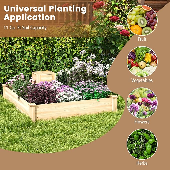 Wood Raised Garden Bed - 49 x 49 x 10 Elevated Garden Bed with Compost Bin for Outdoor Gardening and Planting Bottomless Planter Box for Deep-Rooted Vegetables Herbs Flowers and Fruits
