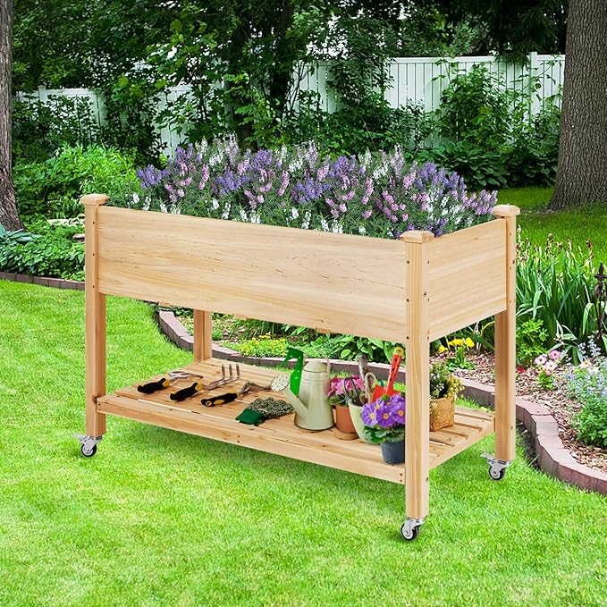 COSTWAY Raised Garden Bed with Wheels Wood Planter Box with Storage Shelf for Vegetables Flowers &amp Herbs Elevated Garden Planter Bed for Backyard Patio Balcony 47.5”L x 23.5”W x 33”H