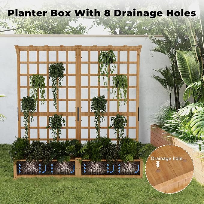 Wooden Garden Planter with Trellis For Outside Yard Background Elevated Raised Garden Bed with Hanging Roof &amp 8 Drainage Holes 1.4 Ft Deep Planter Box for Climbing Plant Flower Herb &amp Ve