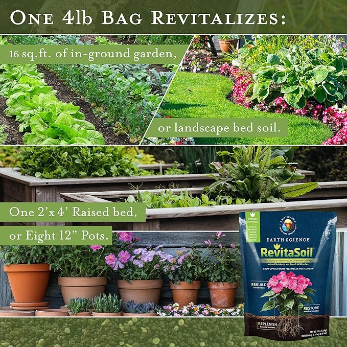 Earth Science RevitaSoil 4 lb - Organic Soil Revitalizer - Earthworm Castings (Worm Castings) Plus Natural Nutrients &amp Biology - Grow 3X More Amendment for Gardens Potted Plants Raised Garden