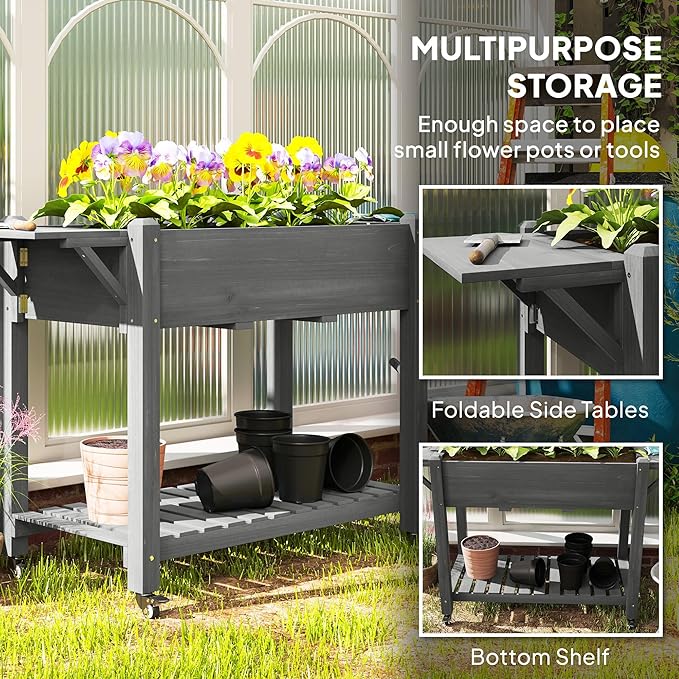 Wood Garden Bed Raised with Heavy-Duty Lockable Wheels Sturdy Side Tables Adjustable Bottom Shelf Professional Drainage Holes and Natural Gray Finish