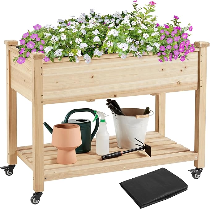 Topeakmart Solid Wooden Raised Garden Bed Vegetable Elevated Planter Kit Grow Gardening Box with Legs Storage Shelf &amp Wheels 42x23x33in