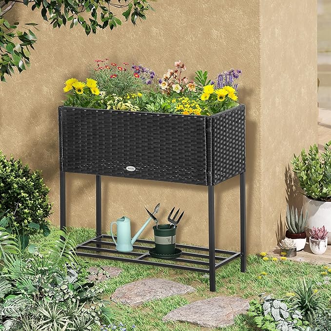 Raised Garden Bed Elevated Planter Box with Rattan Wicker Look Tool Storage Shelf Portable Design for Herbs Vegetables Flowers Black