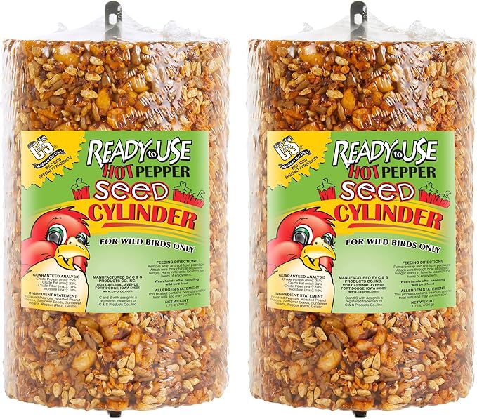 C&ampS Ready to Use Hot Pepper Bird Seed Cylinder Spicy Wild Bird Outdoor Feeder with Hanger 1.76 Pound Cylinder 2 Pack