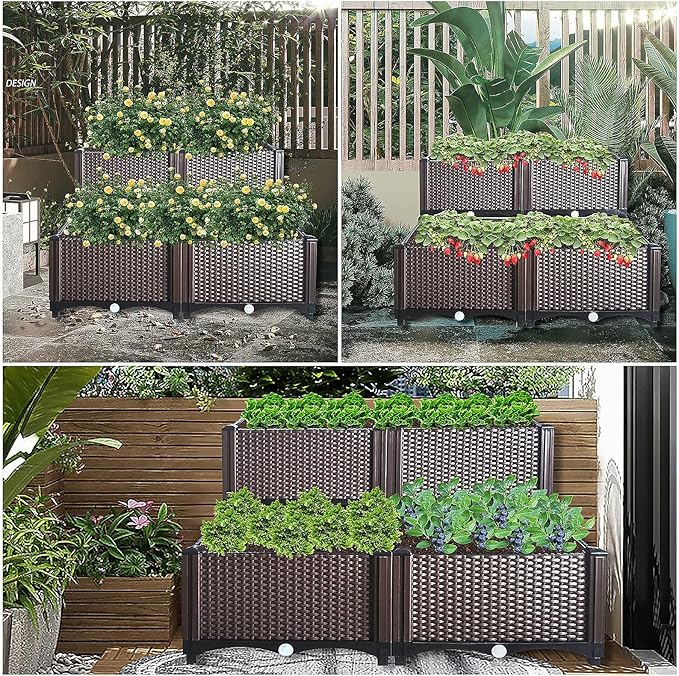 Raised Garden Bed Kit Elevated Planter Boxes for Outdoor Flower Balcony Vegetable Grow Planting Container Brown with Self-Watering Disks
