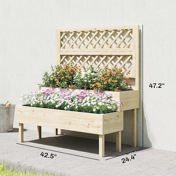Outsunny 2-Tier Raised Garden Bed with Trellis Wooden Elevated Planter Box with Drainage Gaps Liners Trellis Planter for Climbing Plants Flowers Herbs 42.5 x 24.4 x 47.2 Natural