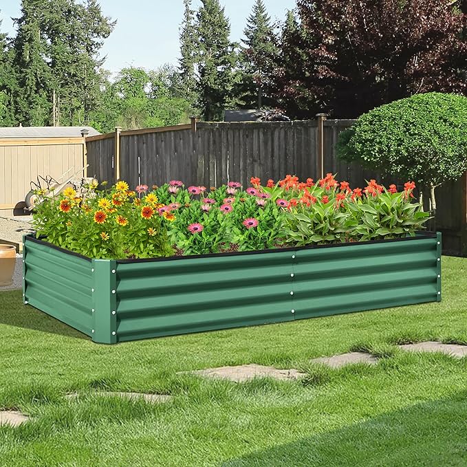 Domi Galvanized Raised Garden Bed 8x4x1Ft Thickening Metal Planter Box for Vegetables Bottomless for Backyard Outdoor 1 Deep w/ 228 Gallon Capacity - Green