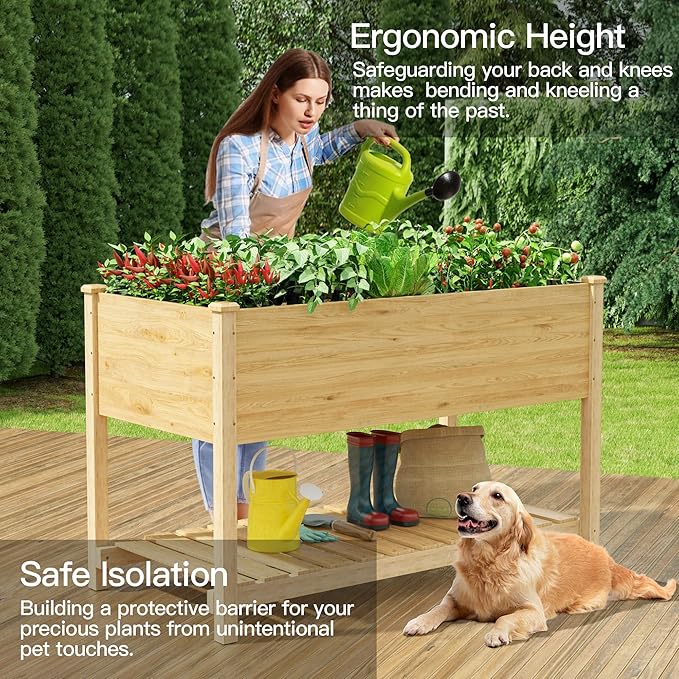Kullavik 3 pcs Raised Garden Bed with LegsOutdoor Elevated Cedar Wood Planter Box with Storage Shelf for Vegetables/Flowers/Herbs in Balcony/Backyard/Patio220lb Capacity-Natural