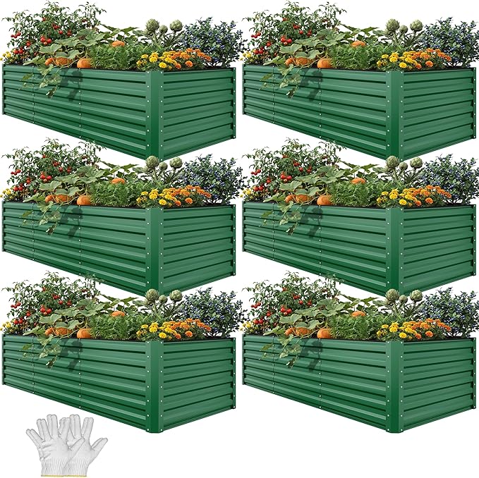 YITAHOME 6pcs 8x4x2 ft Galvanized Raised Garden Bed Kit Large Metal Planter Box with Gloves Safety Rubber &amp Support Rod Outdoor Flower Bed for Plants Vegetables Green