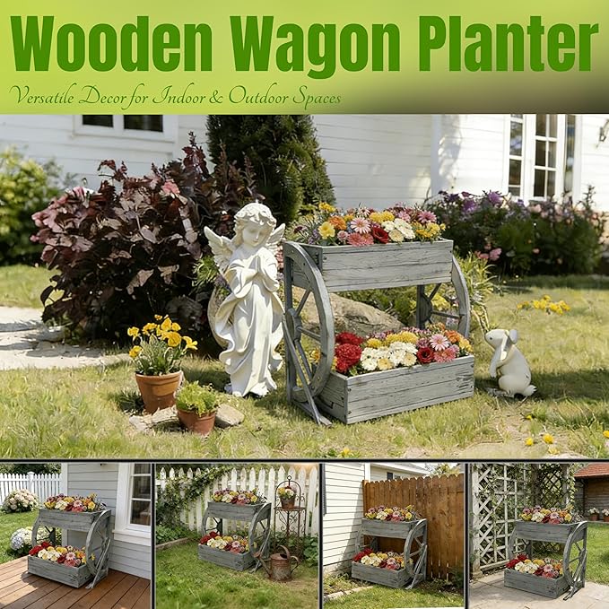Wooden Wagon Garden Planter Box with Wheels-Indoor/Outdoor Decor for Patio Backyard Balcony-Country Farmhouse Flower Box-2 Tier Rustic Garden Raised Bed for Flowers Herbs Vegetables
