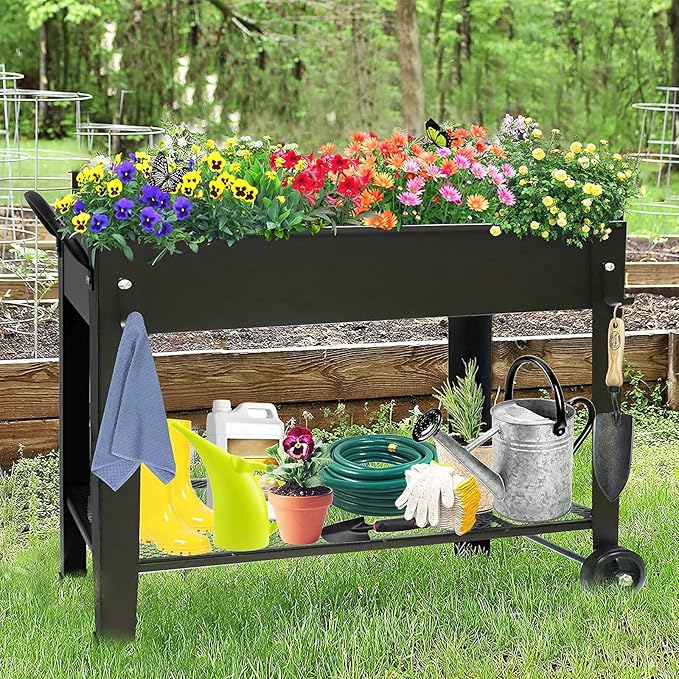 aboxoo Large Planter Raised Beds with Legs Outdoor Metal Planter Box on Wheels Elevated Garden Bed for Vegetables Flower Herb Patio (40 L x 11 W x 31.5 H)