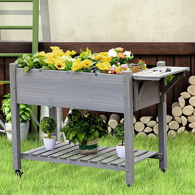Outsunny Raised Garden Bed with 8 Grow Grids Wooden Outdoor Plant Box Stand with Folding Side Table and Wheels 49 x 21 x 34 for Vegetables Flowers Herbs Gray