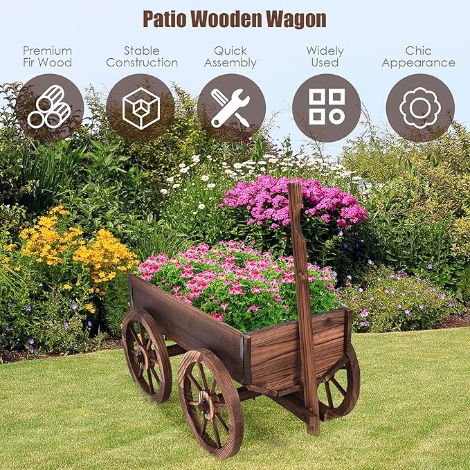 COSTWAY Wood Wagon Flower Planter Pot Stand with Wheels for Home Garden Indoor Outdoor Decor