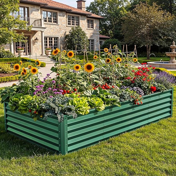 YITAHOME 8x4x1.5 ft Galvanized Raised Garden Bed Kit Large Metal Planter Box with Gloves Safety Rubber &amp Support Rod Outdoor Flower Bed for Plants Vegetables Green