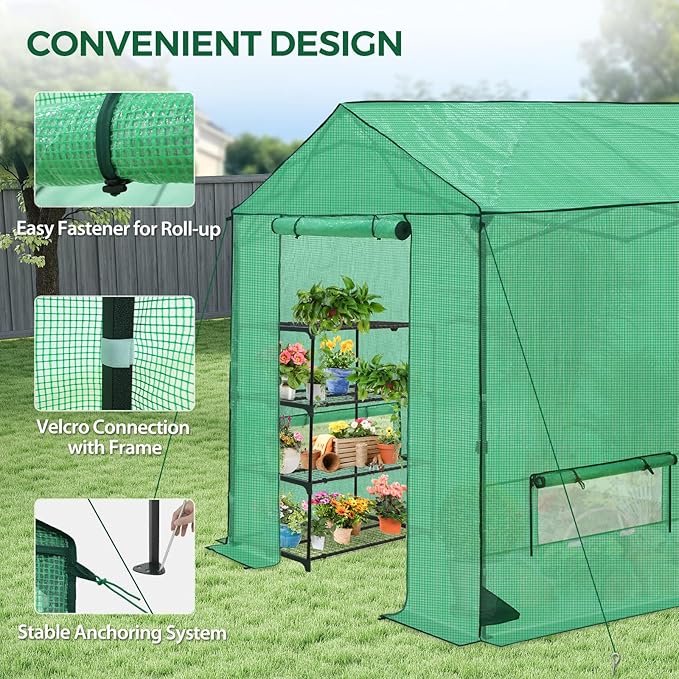 8x8 Pop Up Greenhouse Instant Walk in Green House with PE Cover Power Ports Roll up Doors &amp Windows for Indoor Outdoor Plant Growing Green