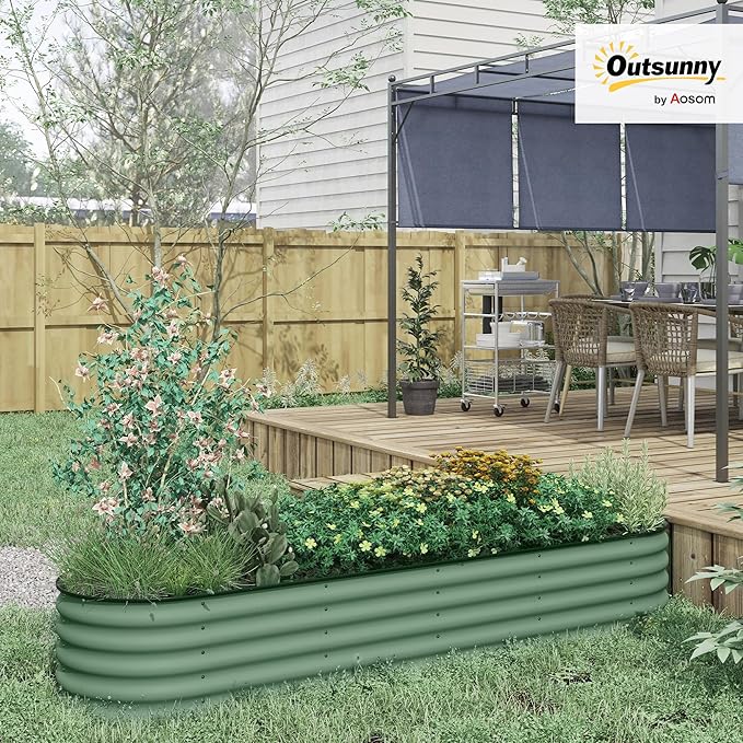 Outsunny 8' x 2' x 1.4' Galvanized Raised Garden Bed Kit Outdoor Metal Elevated Planter Box with Safety Edging Easy DIY Stock Tank for Growing Flowers Herbs &amp Vegetables Green