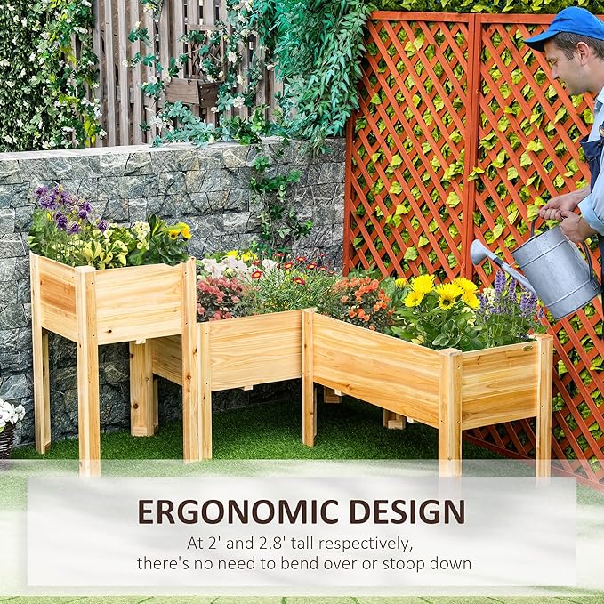 Outsunny Raised Garden Bed Set of 3 Wooden Elevated Planter Box with Legs and Bed Liner for Backyard and Patio to Grow Vegetables Herbs and Flowers Natural