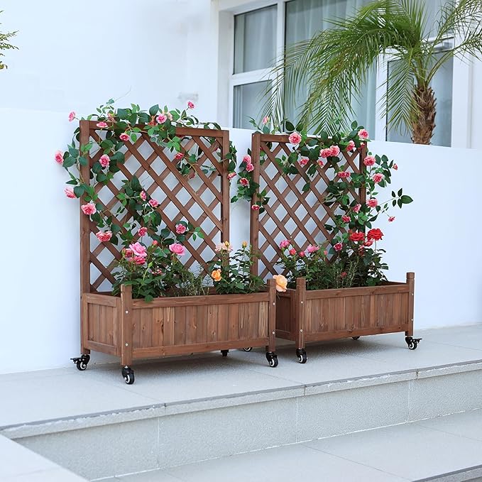 2 Pcs Wooden Planter Boxes with Trellis: Four Universal Wheels for Easy Mobility 37.6 H x 27.5 W x 13 DPerfect for Outdoor Climbing Plants on Patios Balconies &amp Gardens