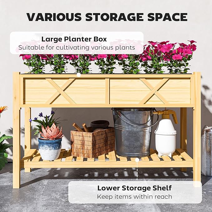 Elevated Wood Planter Box with Storage Shelf &amp Liner Raised Garden Bed with Drainage Holes Complete Gardening Solution for Patio Deck &amp Backyard (Natural)