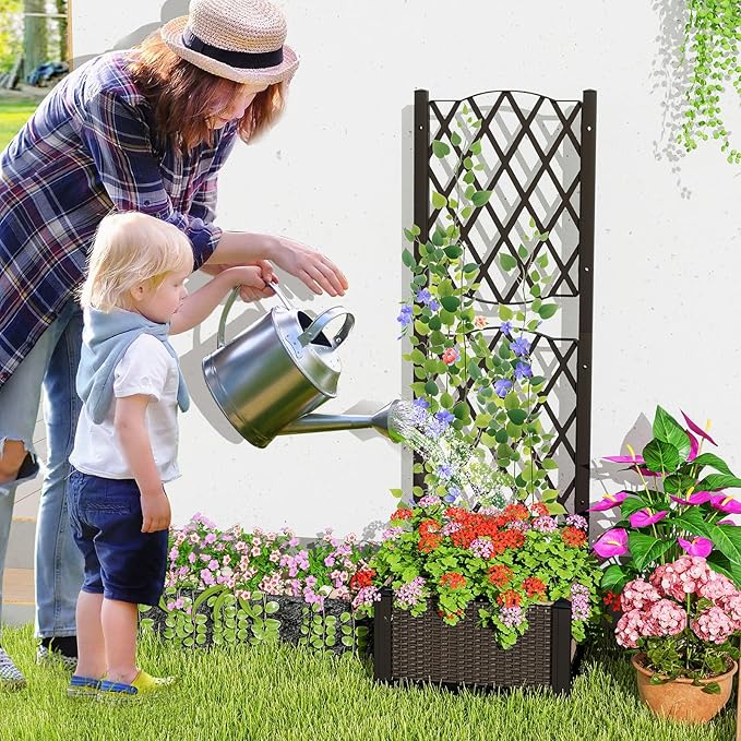 LDAILY Moccha Raised Garden Bed with Trellis - Planter with Trellis Self-Watering Device Drainage Hole Standing Garden Bed for Climbing Plant Vegetable Herb Flower (16”L x 16”W x 48”H)