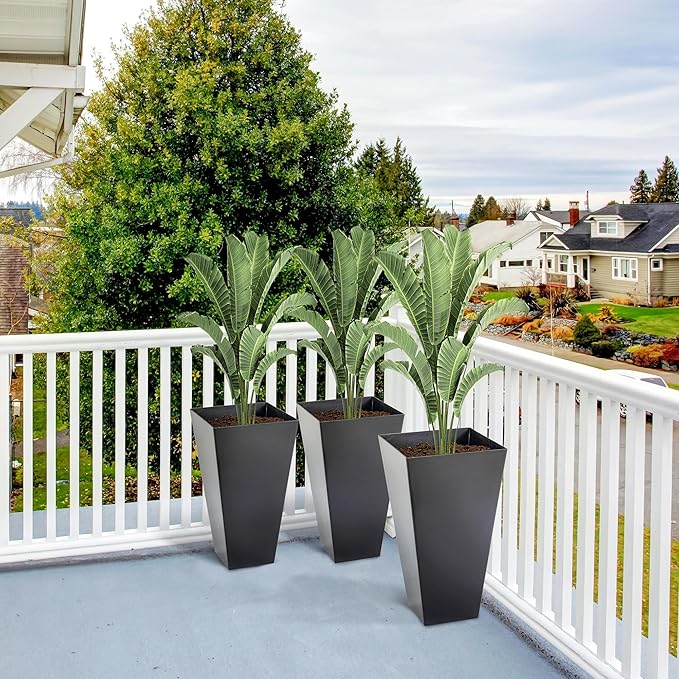 Set of 3 Tall with Drainage Hole 28 Outdoor Flower Pots Indoor for Porch Patio and Deck Black