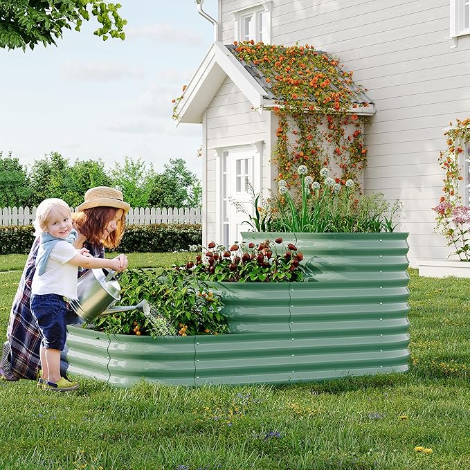 Galvanized Steel Raised Garden Bed Kit - 3-Tier Modular Design for Split 3 Standalone Planters | Safe Smooth Edges Open-Bottom Drainage &amp Tool-Free Assembly for Patio Yard Balcony(Green)