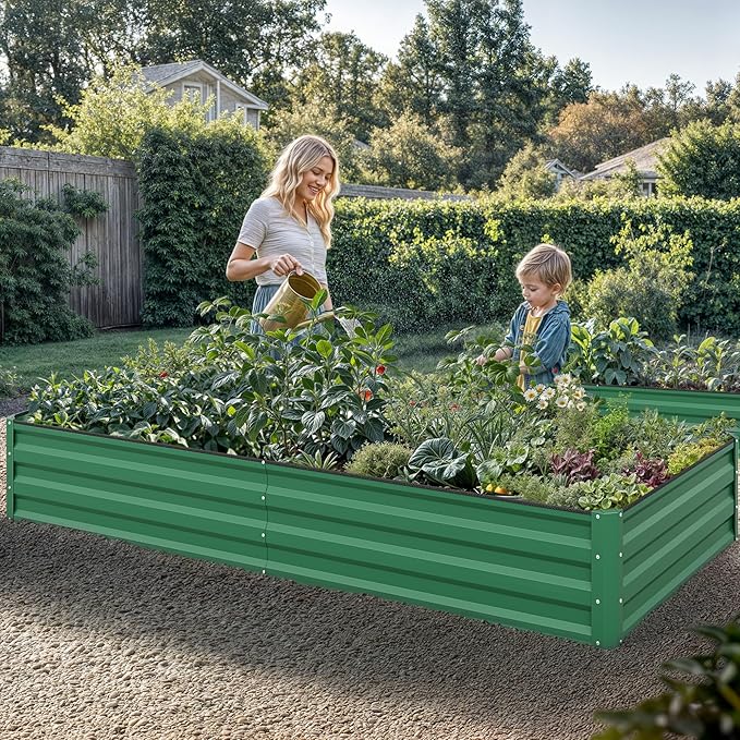 YITAHOME 96x48x12 in 2pcs Galvanized Raised Garden Bed Kit Large Metal Planter Box with Gloves Safety Rubber &amp Support Rod Outdoor Flower Bed for Plants Vegetables Green