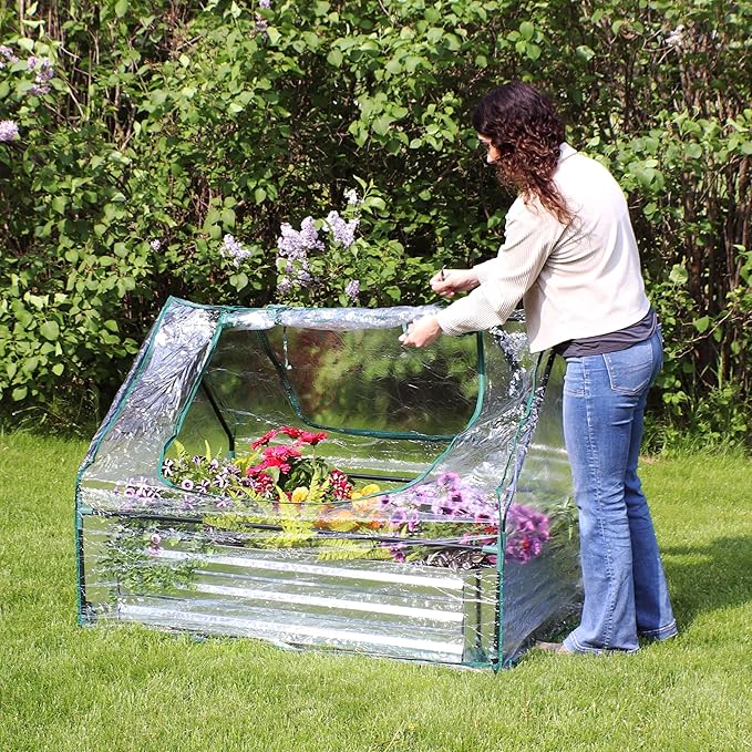 Sunnydaze Steel Raised Garden Bed with Mini Greenhouse - Outdoor Greenhouse Kit - 2 Zippered Doors - Clear - 4' x 3'